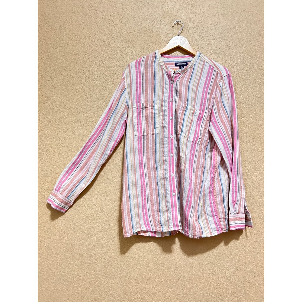 Lands End Large Striped Linen Band Collar Shirt Pink Multi Coastal Breezy